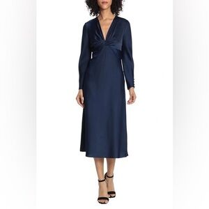 Maggy London Navy Twist V-Neck Long Sleeve Midi Dress Size 12